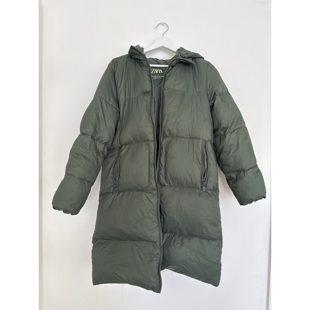 ✿ Zara Kids Down Puffer Coat 13-14Y 164 Green Hooded Long Warm Jacket 50/50